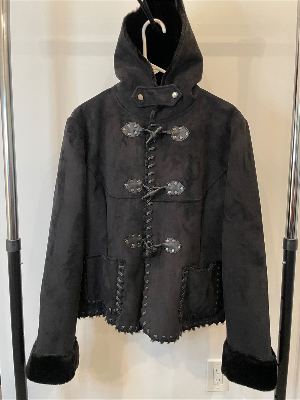 Via Spiga Black Faux Suede Faux Fur Shearling Hooded Toggle Jacket XL
